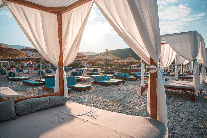 White Canopies On The Beach In Himarë, Albania